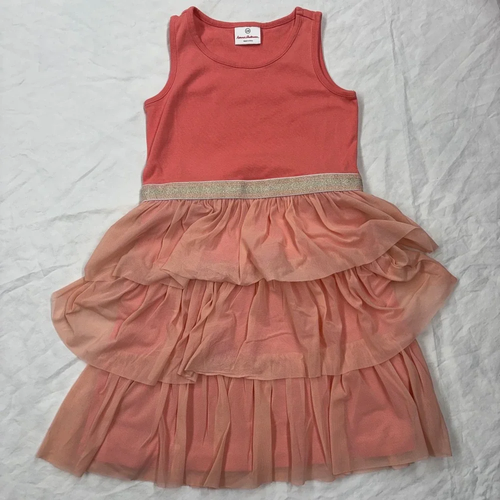 Hanna Andersson Swish Dress Orange Coral Tiered Tulle Ruffle Tank 130 Girls Sz 8